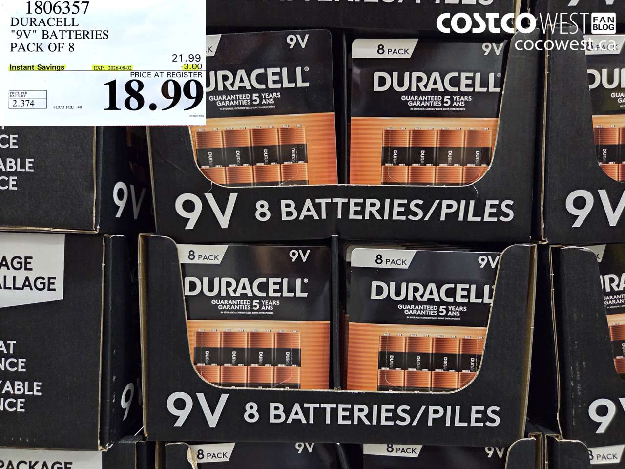 1806357 DURACELL 9V BATTERIES PACK OF 8 ($3.00 INSTANT SAVINGS EXPIRES ON 2026-08-02) $18.99