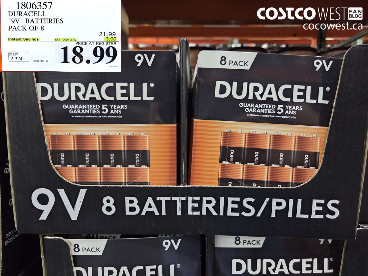 1806357 DURACELL 9V BATTERIES PACK OF 8 ($3.00 INSTANT SAVINGS EXPIRES ON 2026-08-02) $18.99