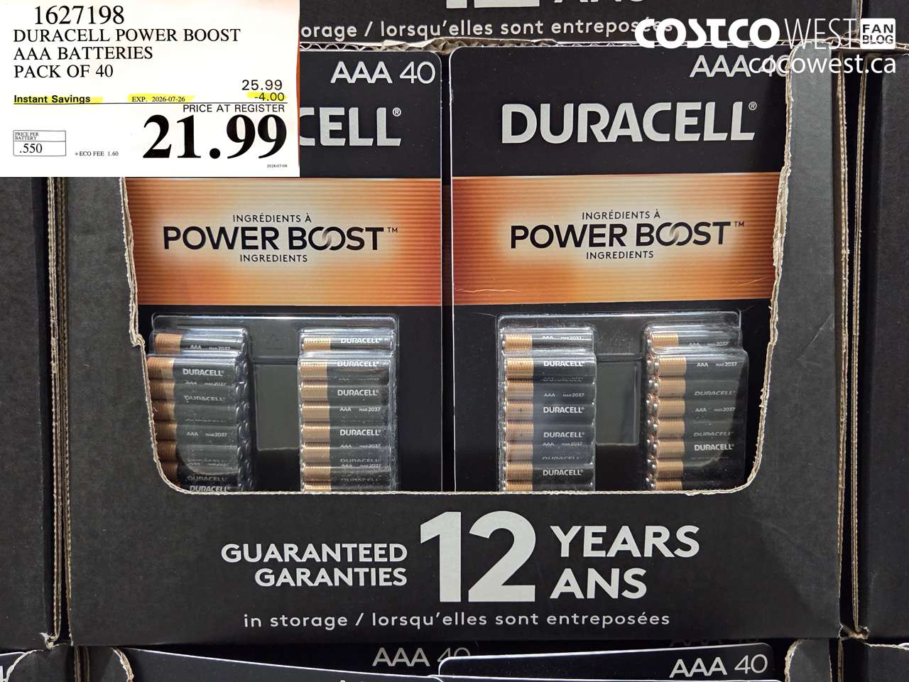 1627198 DURACELL POWER BOOST AAA BATTERIES PACK OF 40 ($4.00 INSTANT SAVINGS EXPIRES ON 2026-07-26) $21.99