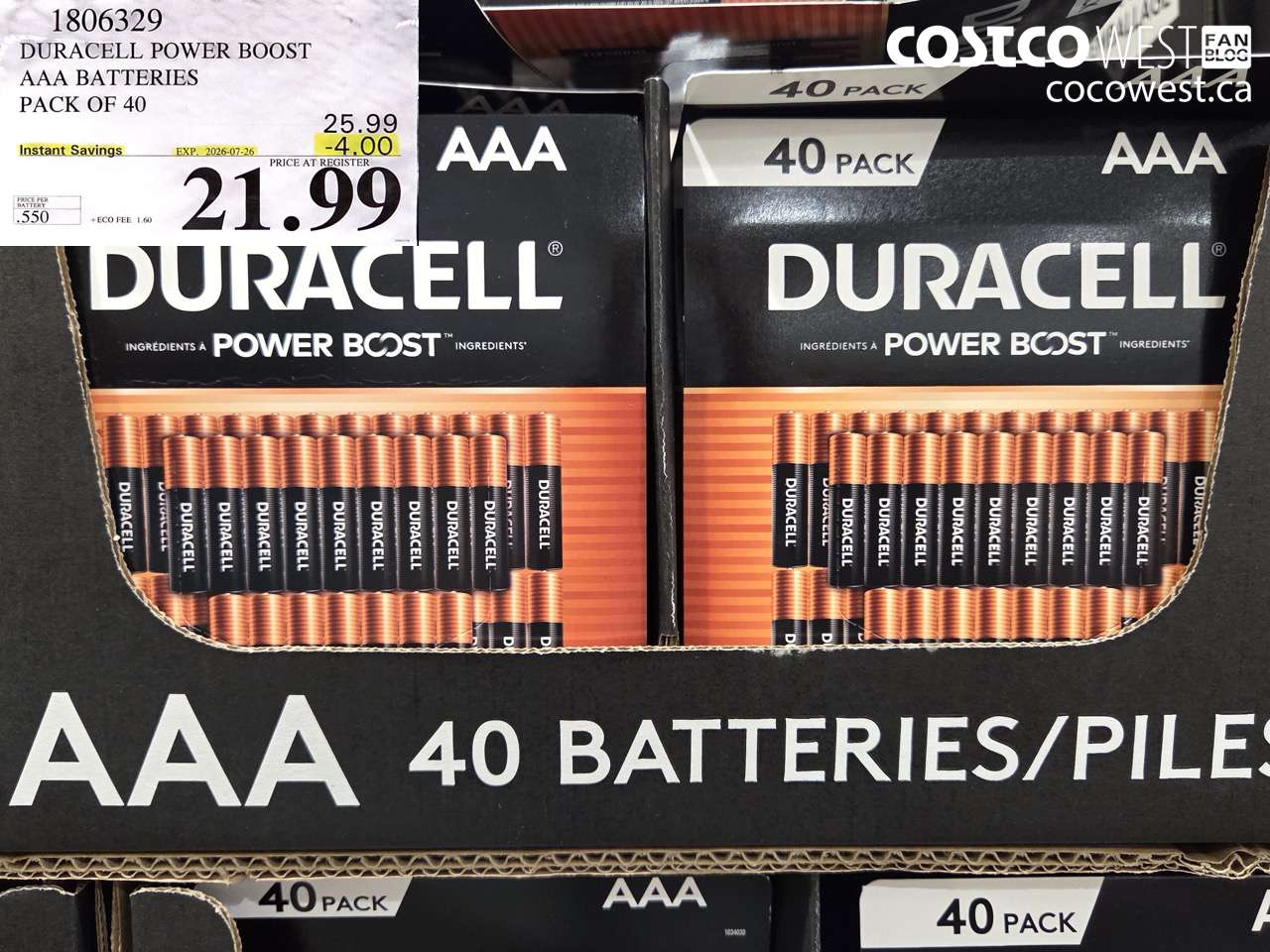 1806329 DURACELL POWER BOOST AAA BATTERIES PACK OF 40 ($4.00 INSTANT SAVINGS EXPIRES ON 2026-07-26) $21.99