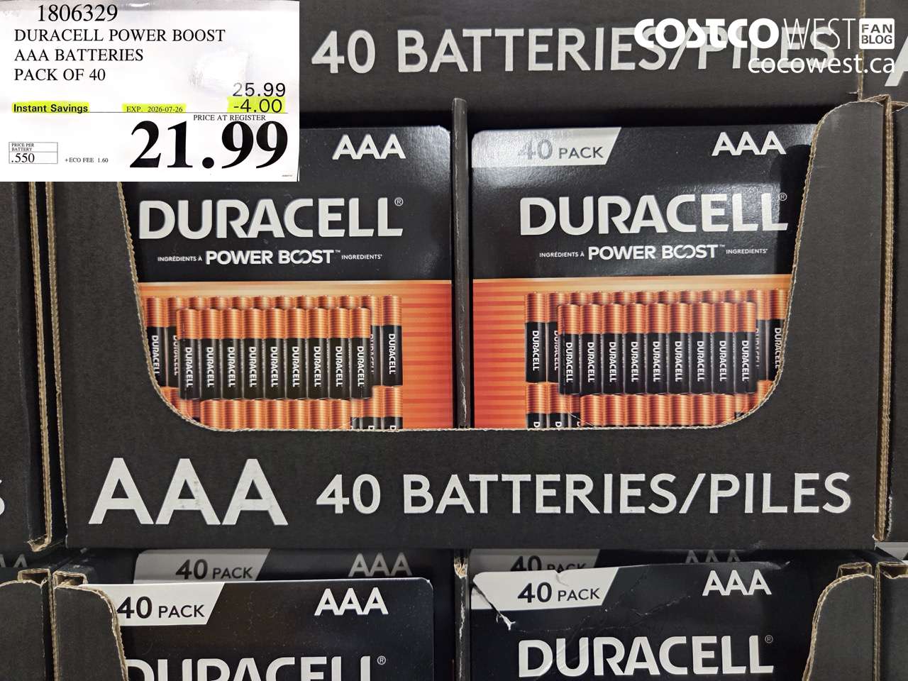 1806329 DURACELL POWER BOOST AAA BATTERIES PACK OF 40 ($4.00 INSTANT SAVINGS EXPIRES ON 2026-07-26) $21.99