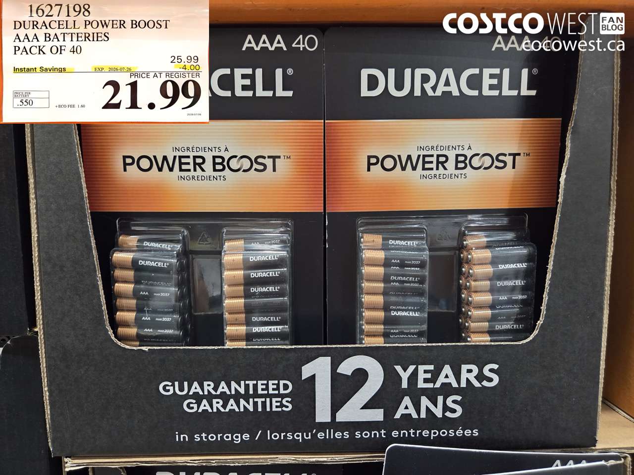 1627198 DURACELL POWER BOOST AAA BATTERIES PACK OF 40 ($4.00 INSTANT SAVINGS EXPIRES ON 2026-07-26) $21.99