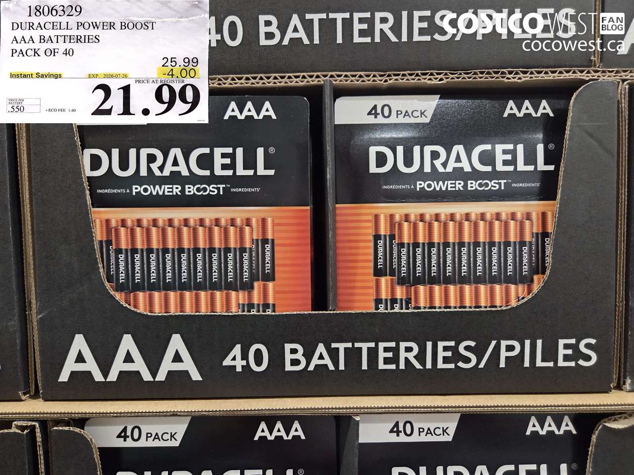 1806329 DURACELL POWER BOOST AAA BATTERIES PACK OF 40 ($4.00 INSTANT SAVINGS EXPIRES ON 2026-07-26) $21.99