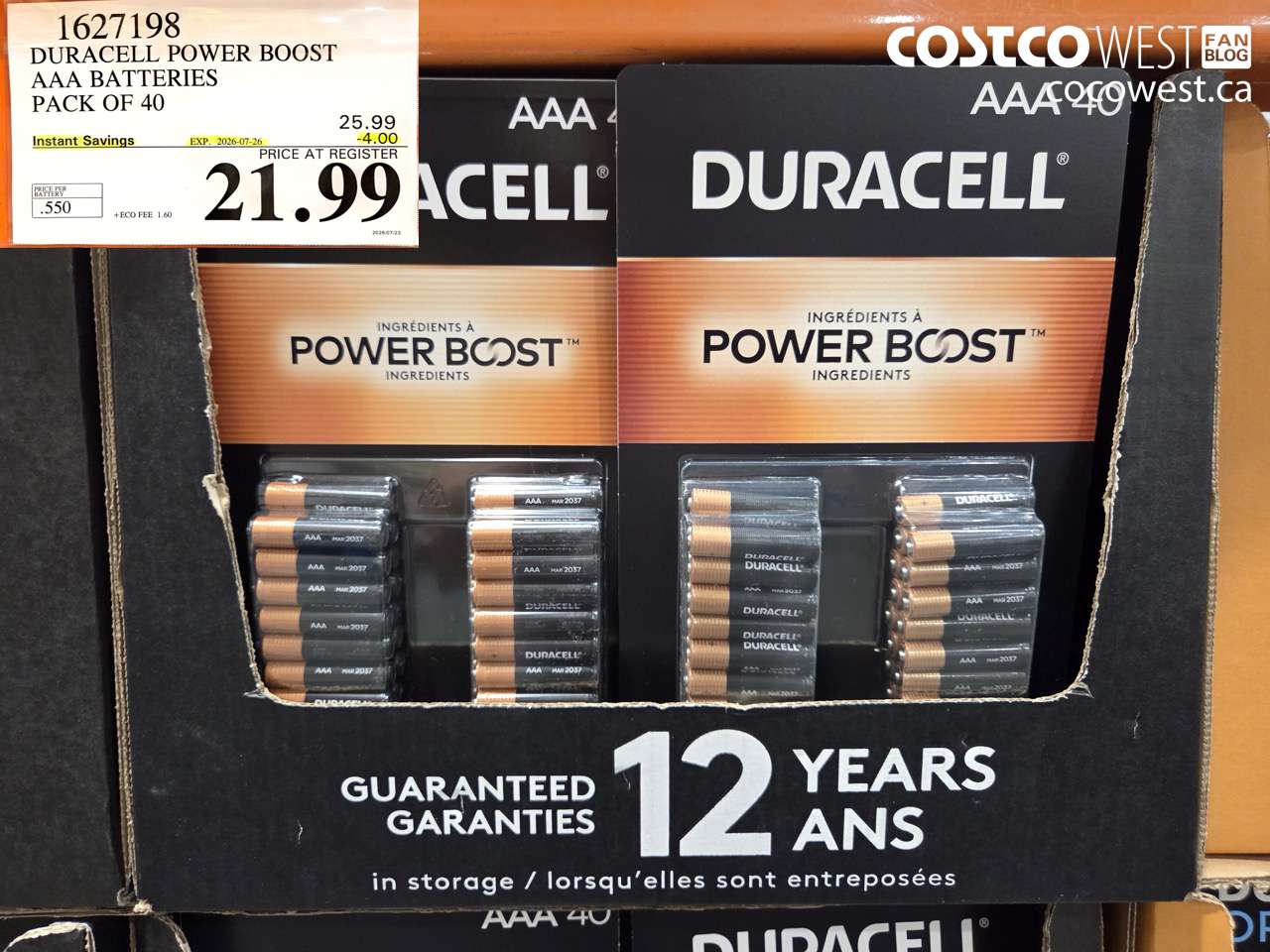 1627198 DURACELL POWER BOOST AAA BATTERIES PACK OF 40 ($4.00 INSTANT SAVINGS EXPIRES ON 2026-07-26) $21.99