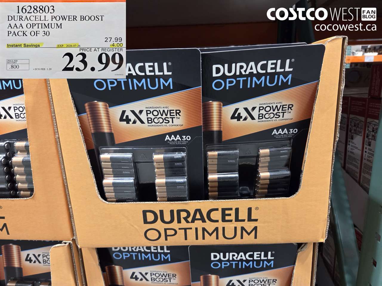 1628803 DURACELL POWER BOOST AAA OPTIMUM PACK OF 30 ($4.00 INSTANT SAVINGS EXPIRES ON 2026-07-26) $23.99