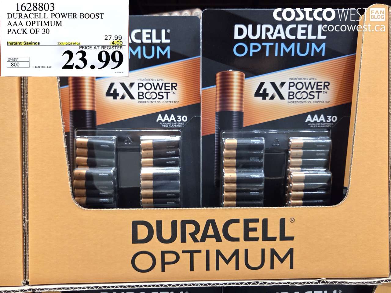 1628803 DURACELL POWER BOOST AAA OPTIMUM PACK OF 30 ($4.00 INSTANT SAVINGS EXPIRES ON 2026-07-26) $23.99