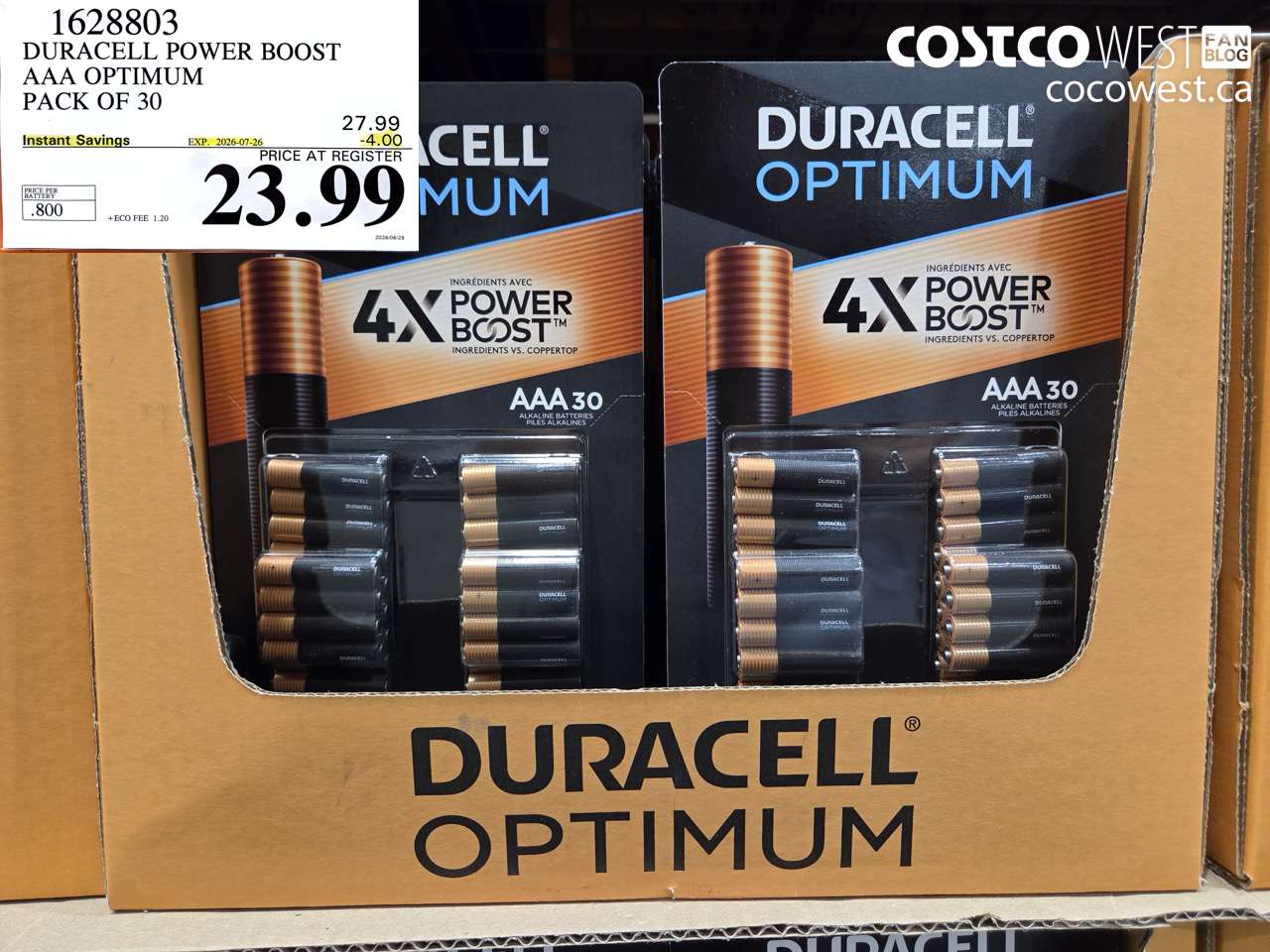 1628803 DURACELL POWER BOOST AAA OPTIMUM PACK OF 30 ($4.00 INSTANT SAVINGS EXPIRES ON 2026-07-26) $23.99