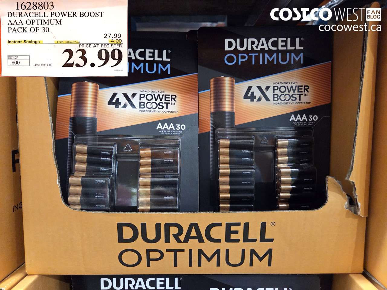 1628803 DURACELL POWER BOOST AAA OPTIMUM PACK OF 30 ($4.00 INSTANT SAVINGS EXPIRES ON 2026-07-26) $23.99