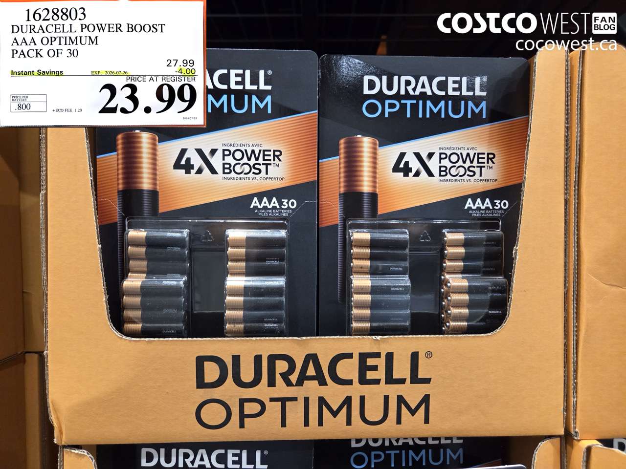 1628803 DURACELL POWER BOOST AAA OPTIMUM PACK OF 30 ($4.00 INSTANT SAVINGS EXPIRES ON 2026-07-26) $23.99