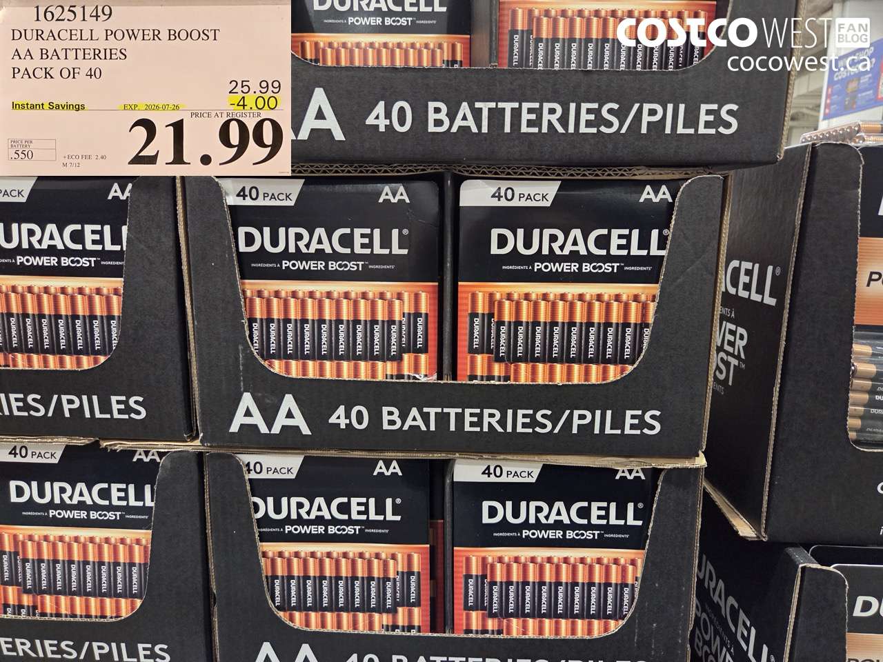 1625149 DURACELL POWER BOOST AA BATTERIES PACK OF 40 ($4.00 INSTANT SAVINGS EXPIRES ON 2026-07-26) $21.99