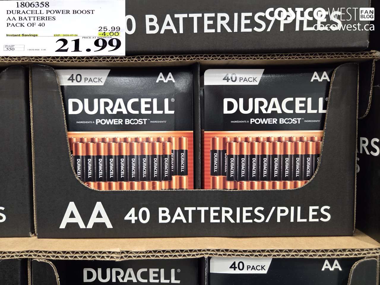 1806358 DURACELL POWER BOOST AA BATTERIES PACK OF 40 ($4.00 INSTANT SAVINGS EXPIRES ON 2026-07-26) $21.99