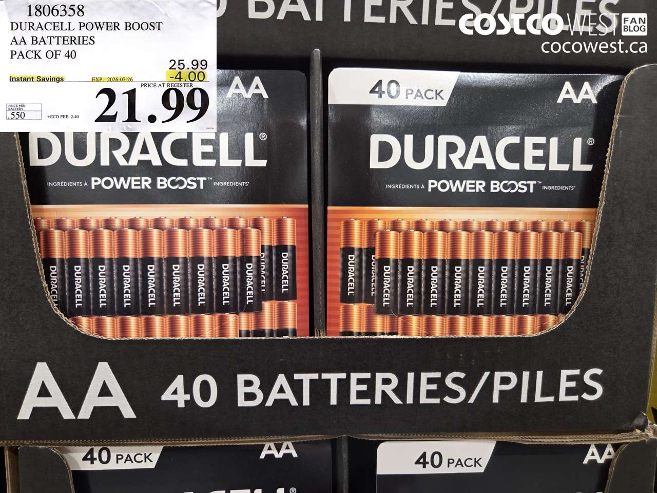 1806358 DURACELL POWER BOOST AA BATTERIES PACK OF 40 ($4.00 INSTANT SAVINGS EXPIRES ON 2026-07-26) $21.99