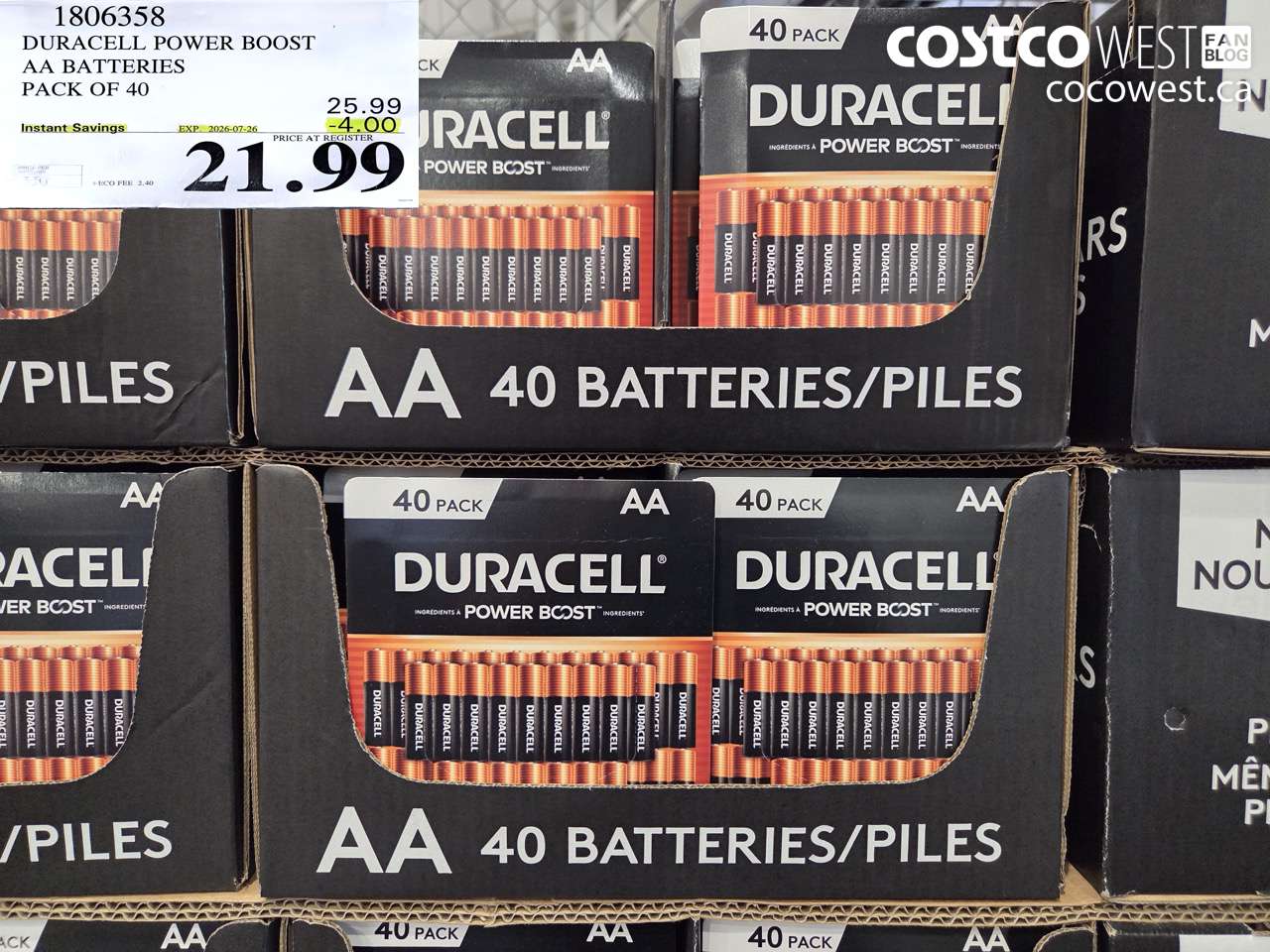 1806358 DURACELL POWER BOOST AA BATTERIES PACK OF 40 ($4.00 INSTANT SAVINGS EXPIRES ON 2026-07-26) $21.99