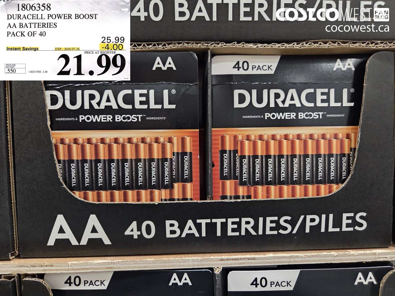 1806358 DURACELL POWER BOOST AA BATTERIES PACK OF 40 ($4.00 INSTANT SAVINGS EXPIRES ON 2026-07-26) $21.99