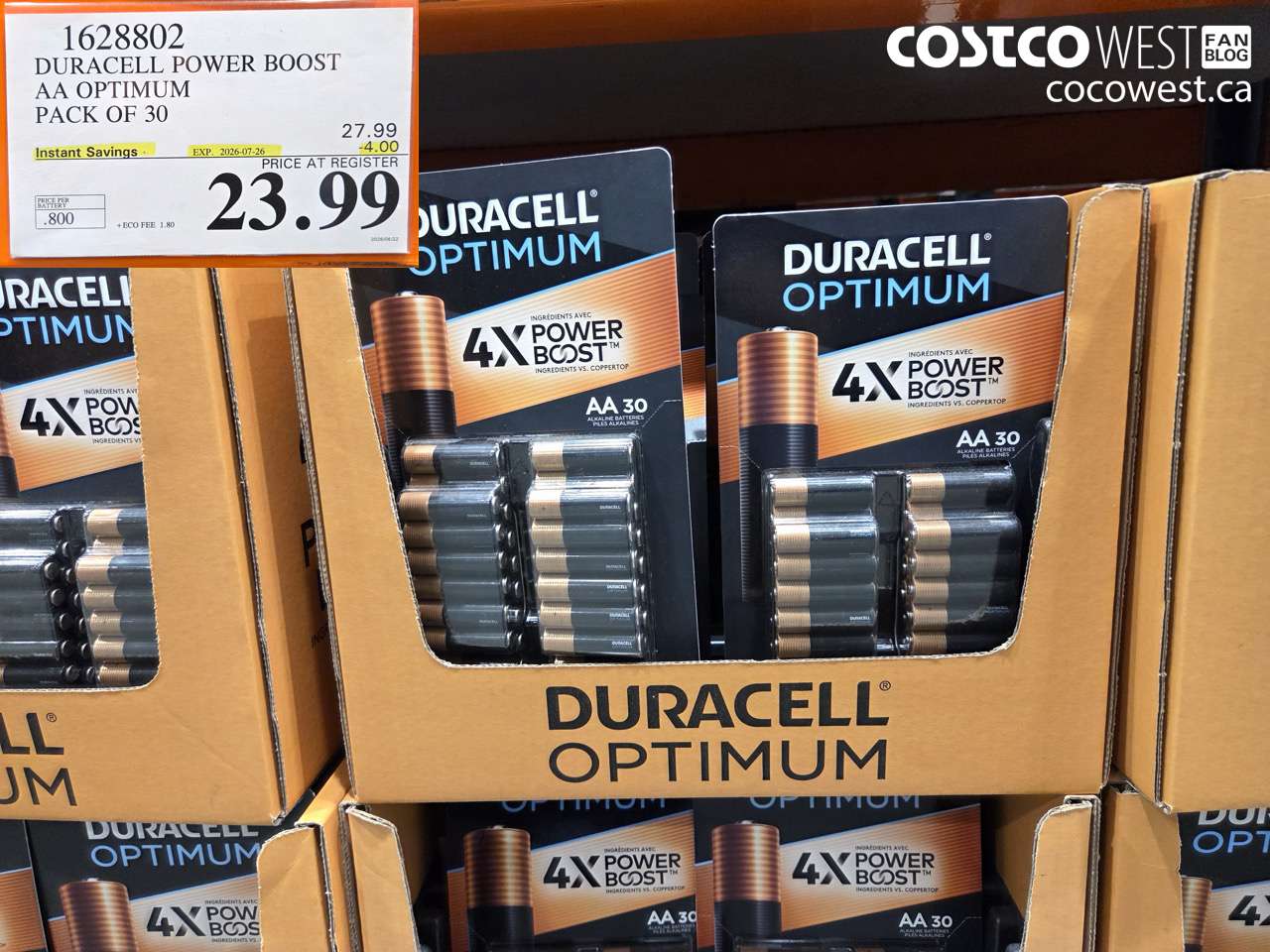 1628802 DURACELL POWER BOOST AA OPTIMUM PACK OF 30 ($4.00 INSTANT SAVINGS EXPIRES ON 2026-07-26) $23.99