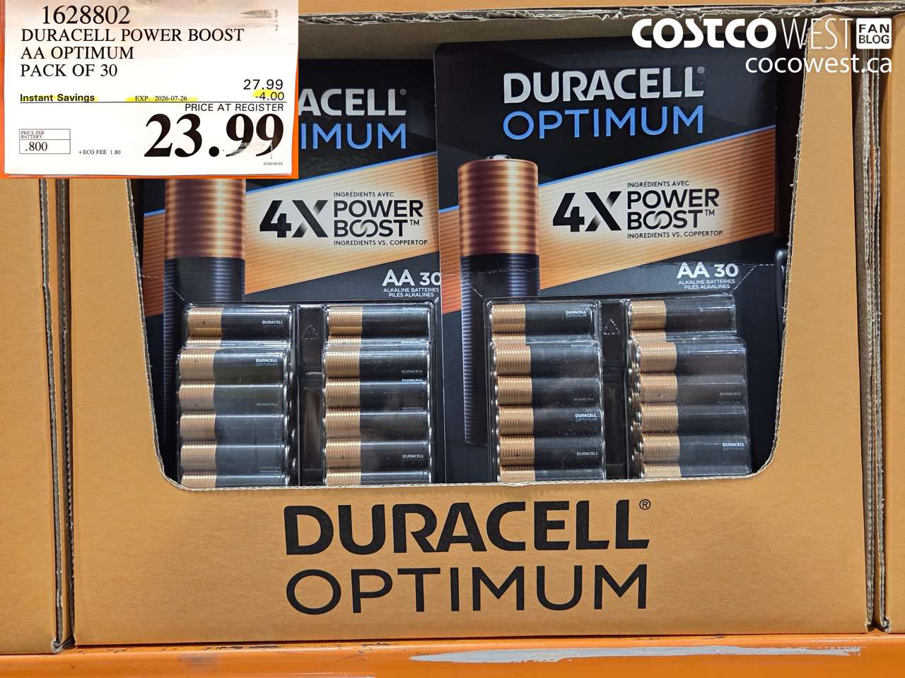 1628802 DURACELL POWER BOOST AA OPTIMUM PACK OF 30 ($4.00 INSTANT SAVINGS EXPIRES ON 2026-07-26) $23.99