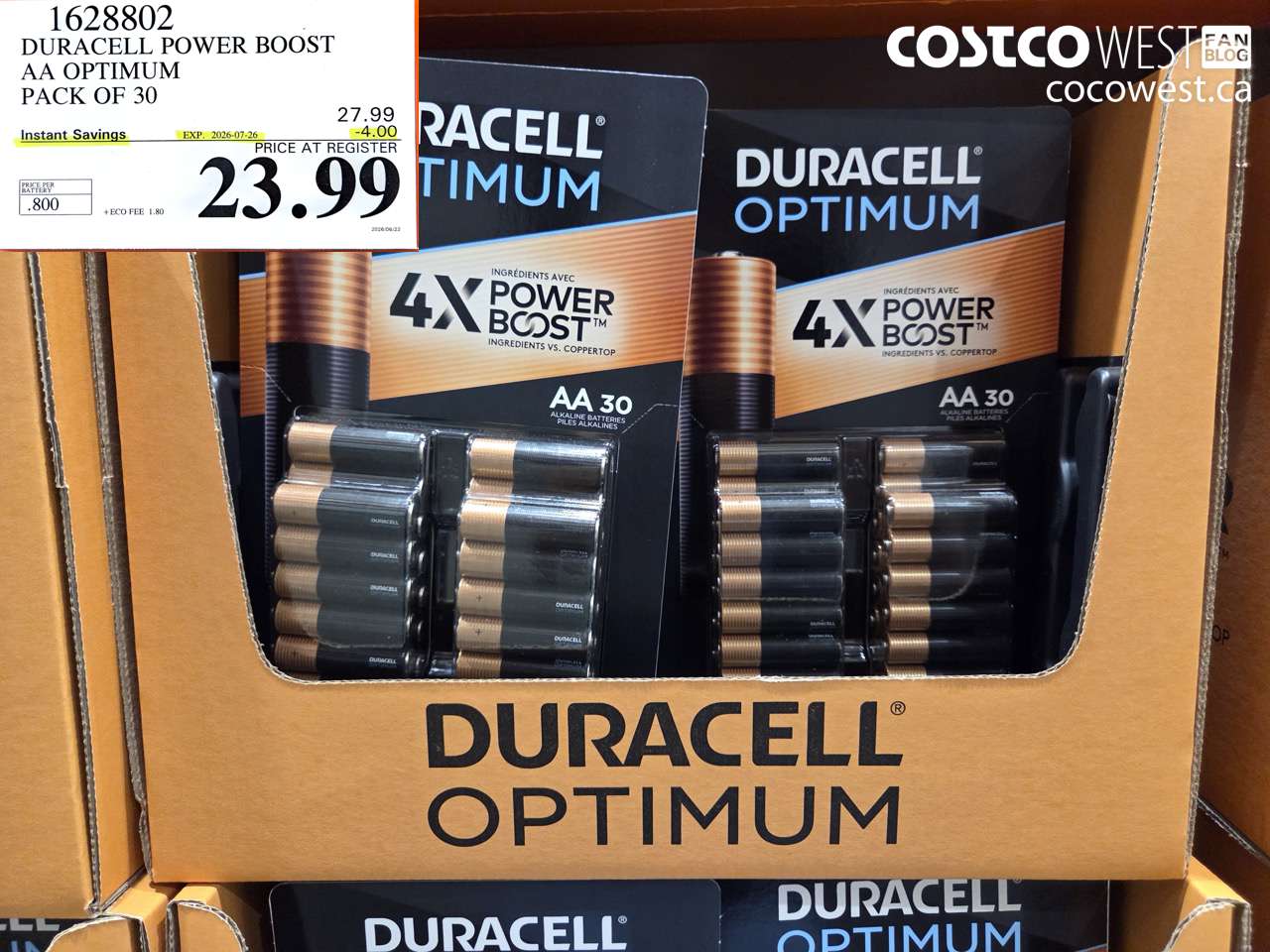 1628802 DURACELL POWER BOOST AA OPTIMUM PACK OF 30 ($4.00 INSTANT SAVINGS EXPIRES ON 2026-07-26) $23.99