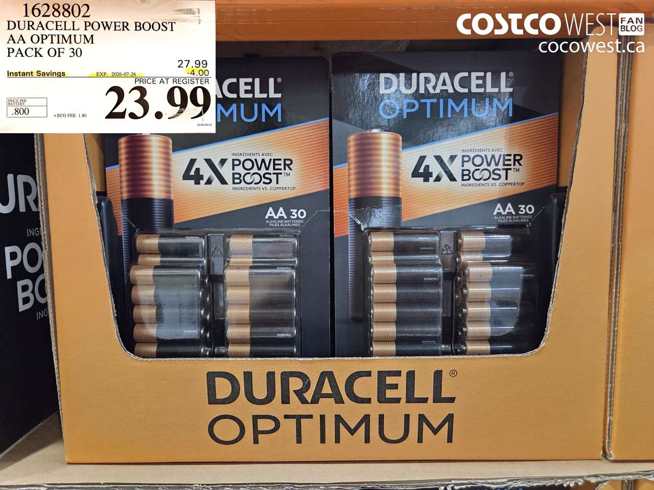1628802 DURACELL POWER BOOST AA OPTIMUM PACK OF 30 ($4.00 INSTANT SAVINGS EXPIRES ON 2026-07-26) $23.99