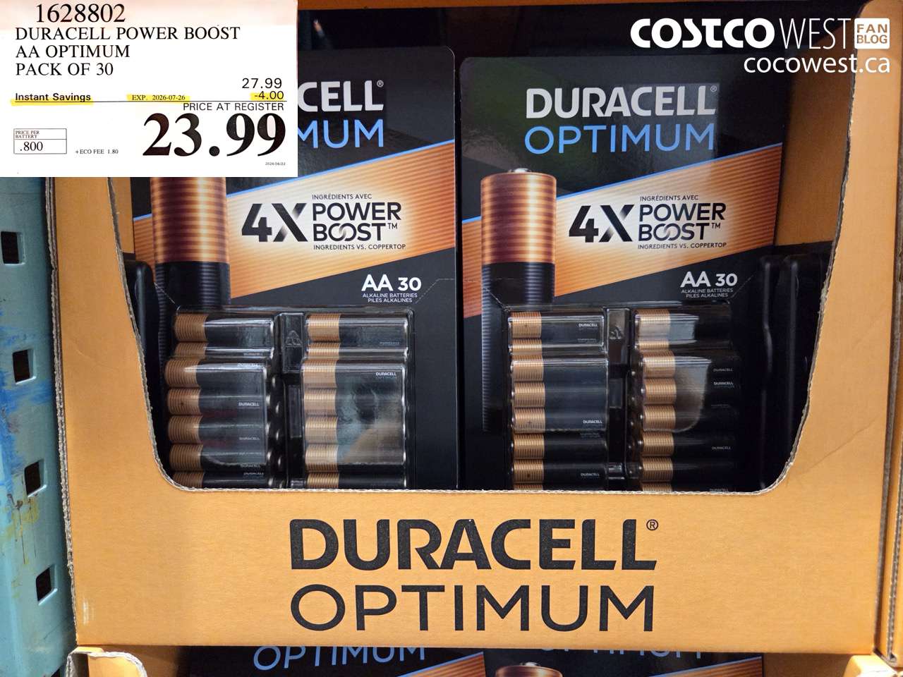 1628802 DURACELL POWER BOOST AA OPTIMUM PACK OF 30 ($4.00 INSTANT SAVINGS EXPIRES ON 2026-07-26) $23.99