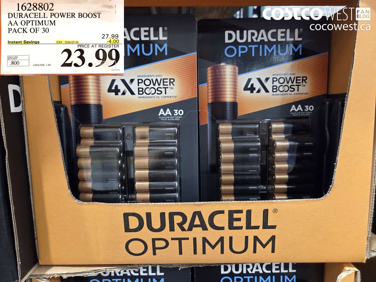 1628802 DURACELL POWER BOOST AA OPTIMUM PACK OF 30 ($4.00 INSTANT SAVINGS EXPIRES ON 2026-07-26) $23.99