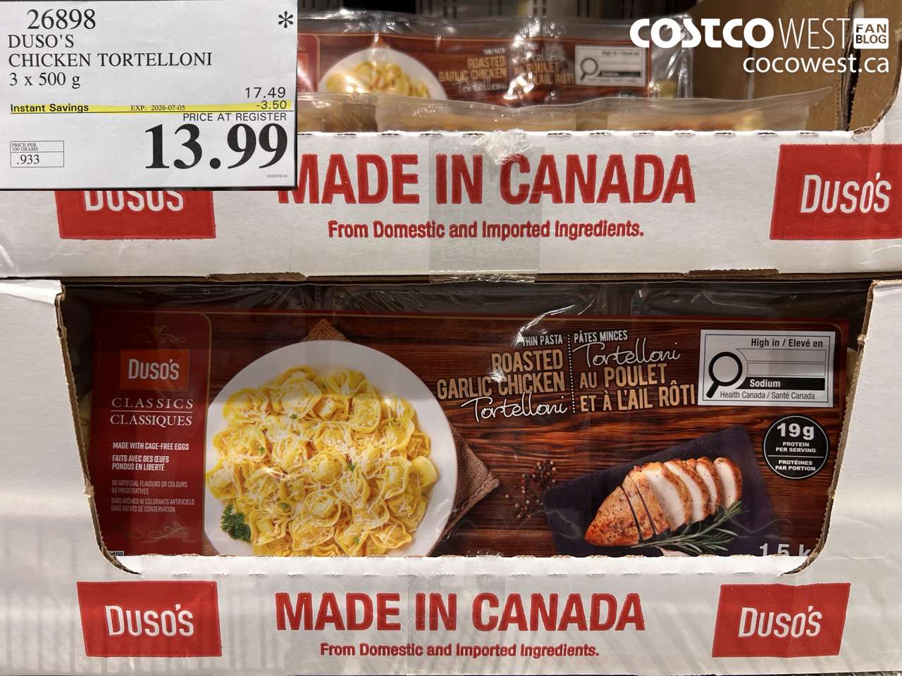 26898 DUSO'S CHICKEN TORTELLONI 3 X 500 G ($3.50 INSTANT SAVINGS EXPIRES ON 2026-07-05) $13.99