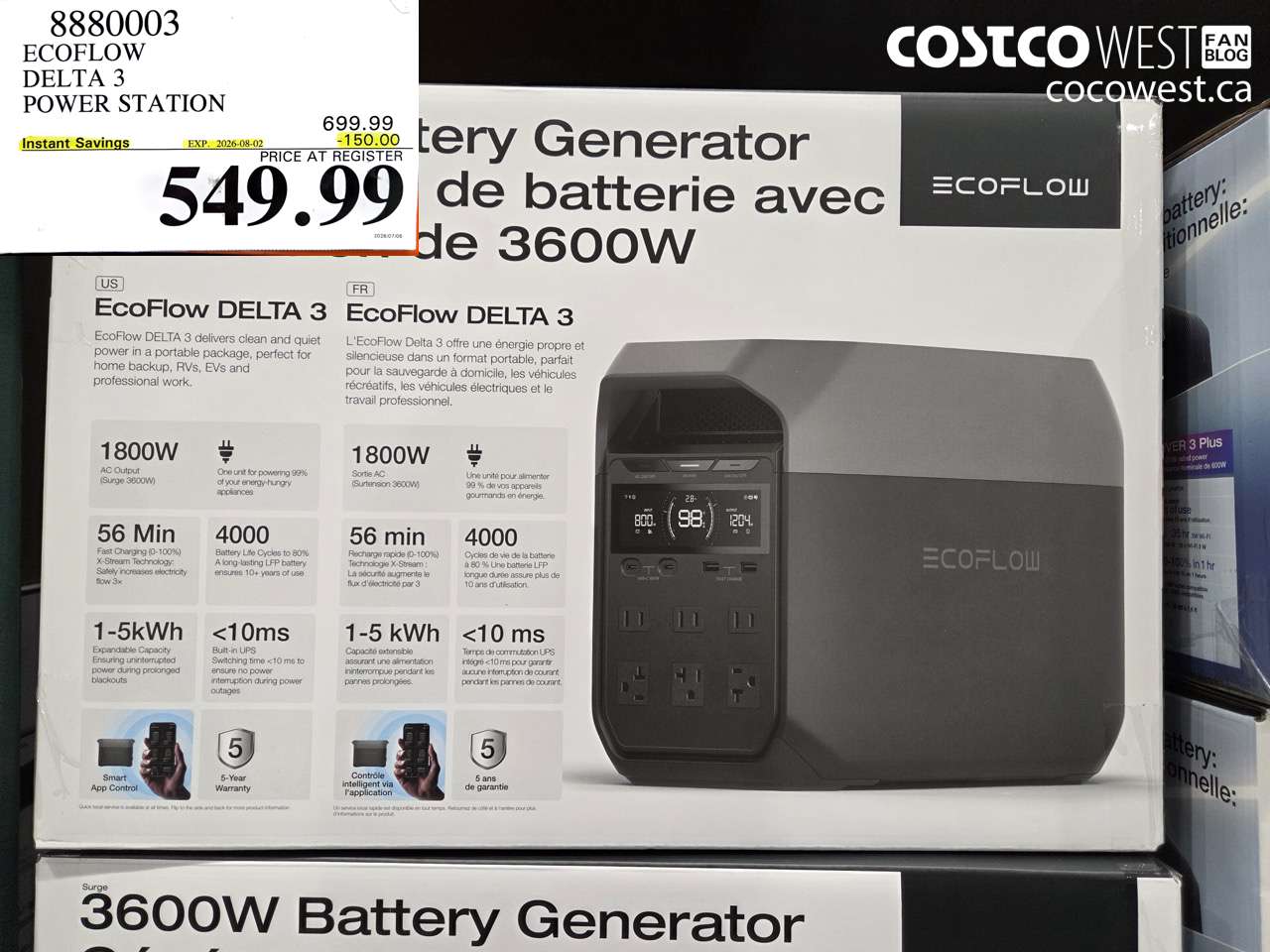 8880003 ECOFLOW DELTA 3 POWER STATION ($150.00 INSTANT SAVINGS EXPIRES ON 2026-08-02) $549.99