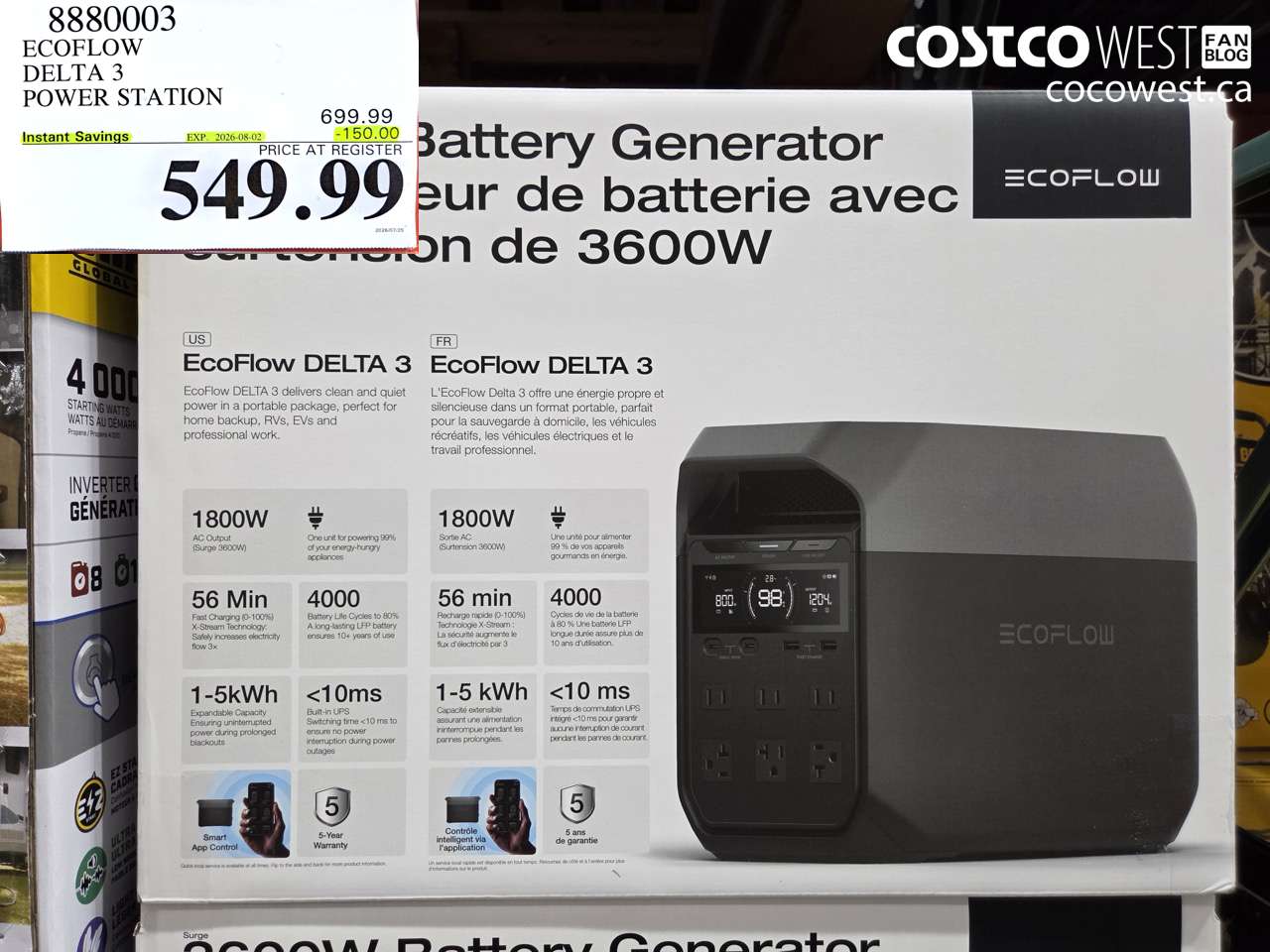 8880003 ECOFLOW DELTA 3 POWER STATION ($150.00 INSTANT SAVINGS EXPIRES ON 2026-08-02) $549.99
