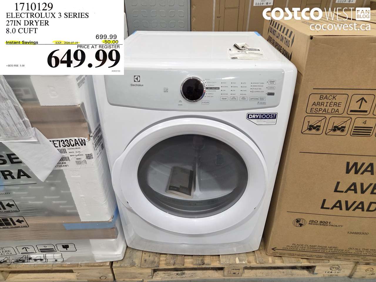 1710129 ELECTROLUX 3 SERIES 27IN DRYER 8.0 CUFT ($50.00 INSTANT SAVINGS EXPIRES ON 2026-07-19) $649.99