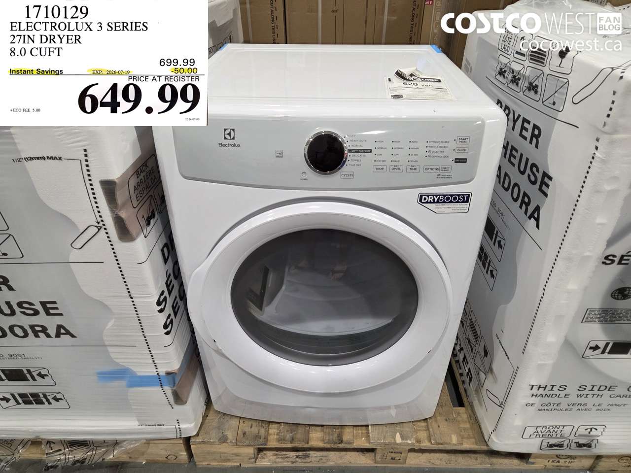 1710129 ELECTROLUX 3 SERIES 27IN DRYER 8.0 CUFT ($50.00 INSTANT SAVINGS EXPIRES ON 2026-07-19) $649.99