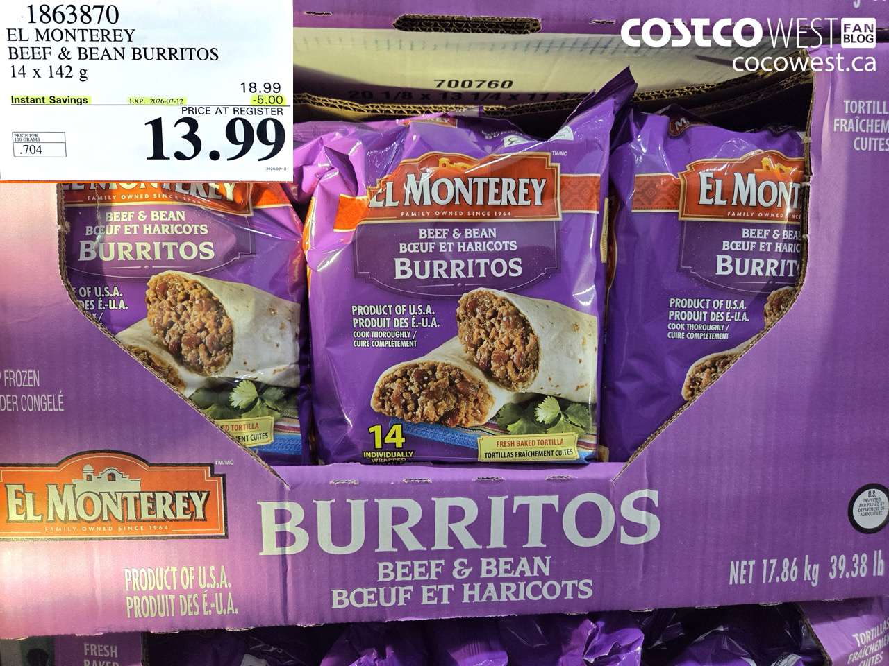 1863870 EL MONTEREY BEEF & BEAN BURRITOS 14 X 142 G ($5.00 INSTANT SAVINGS EXPIRES ON 2026-07-12) $13.99