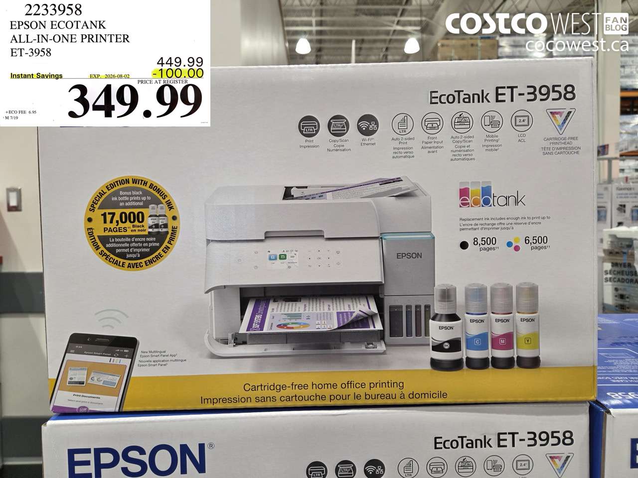 2233958 EPSON ECOTANK ALL-IN-ONE PRINTER ET-3958 ($100.00 INSTANT SAVINGS EXPIRES ON 2026-08-02) $349.99