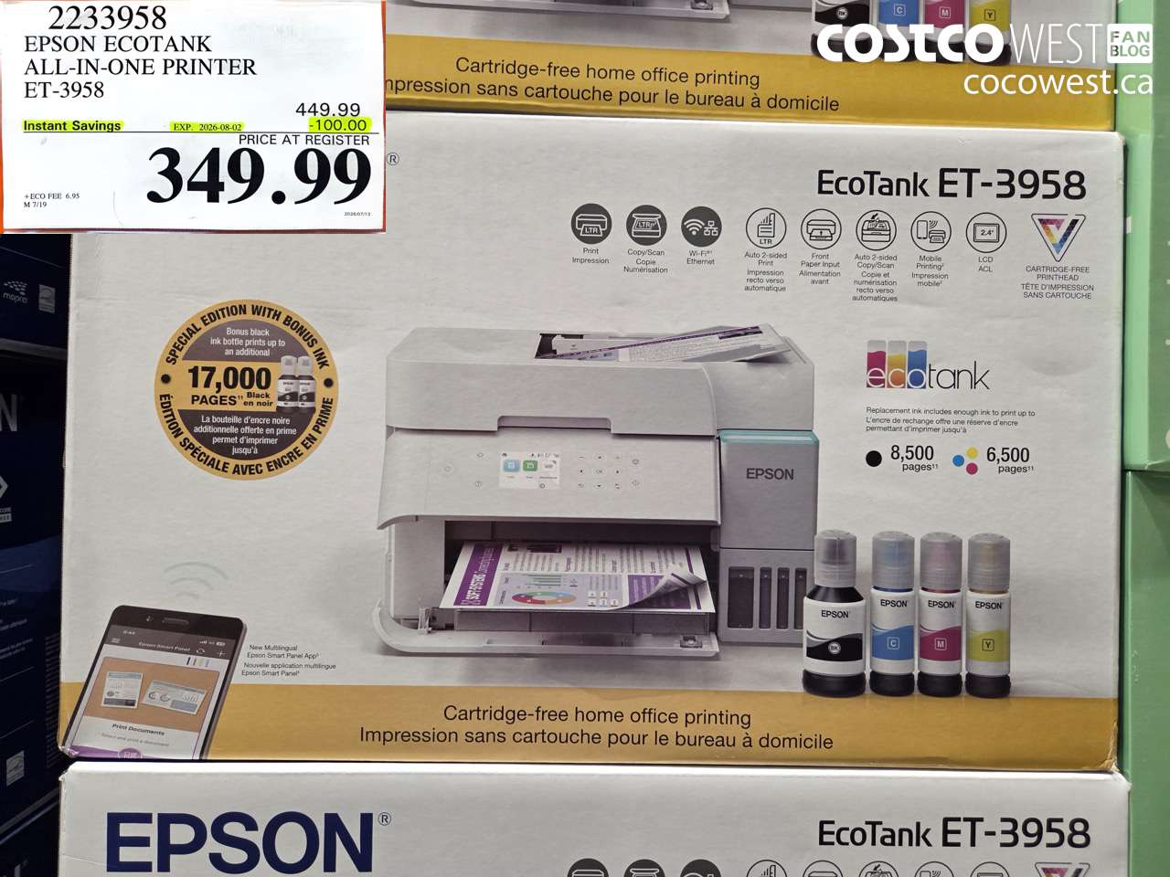 2233958 EPSON ECOTANK ALL-IN-ONE PRINTER ET-3958 ($100.00 INSTANT SAVINGS EXPIRES ON 2026-08-02) $349.99