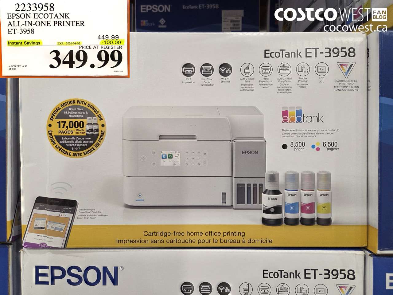 2233958 EPSON ECOTANK ALL-IN-ONE PRINTER ET-3958 ($100.00 INSTANT SAVINGS EXPIRES ON 2026-08-02) $349.99