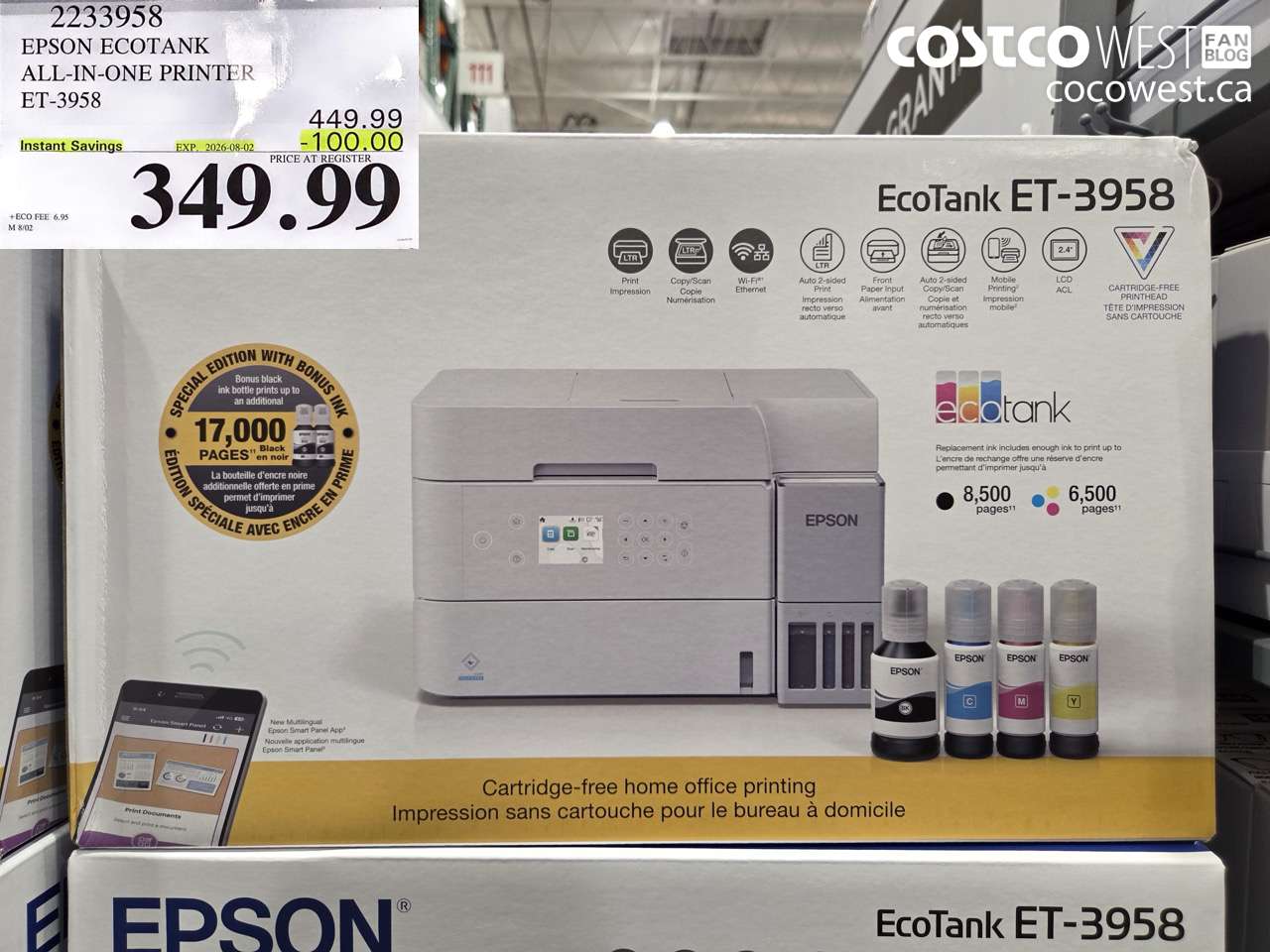 2233958 EPSON ECOTANK ALL-IN-ONE PRINTER ET-3958 ($100.00 INSTANT SAVINGS EXPIRES ON 2026-08-02) $349.99