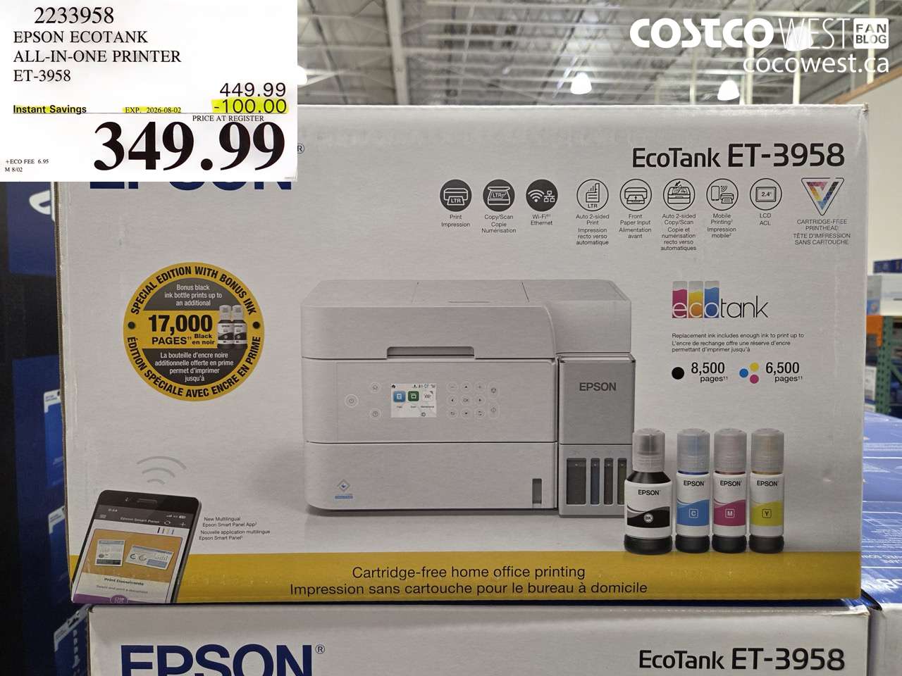 2233958 EPSON ECOTANK ALL-IN-ONE PRINTER ET-3958 ($100.00 INSTANT SAVINGS EXPIRES ON 2026-08-02) $349.99