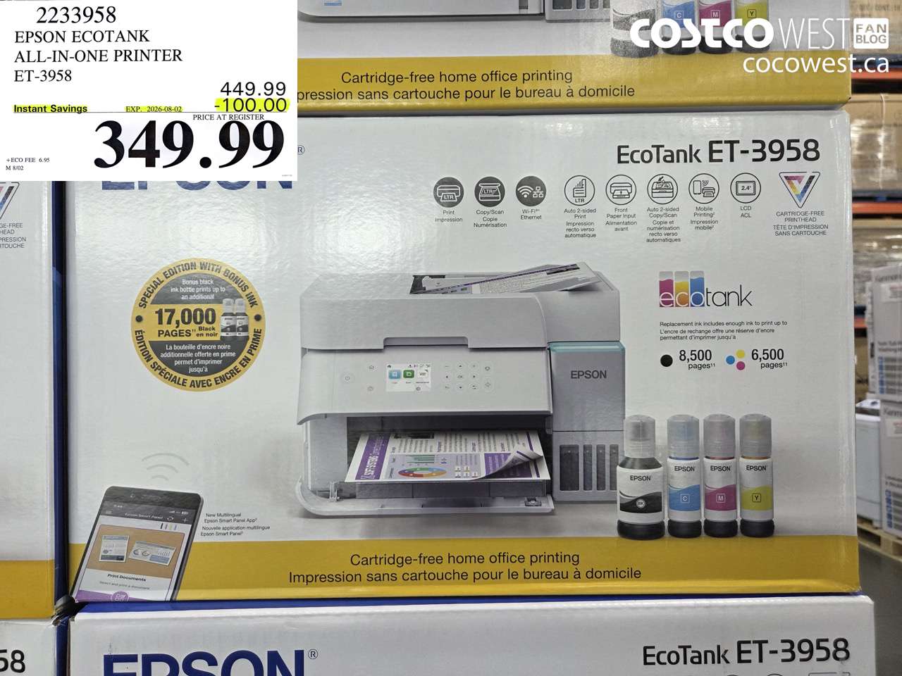 2233958 EPSON ECOTANK ALL-IN-ONE PRINTER ET-3958 ($100.00 INSTANT SAVINGS EXPIRES ON 2026-08-02) $349.99