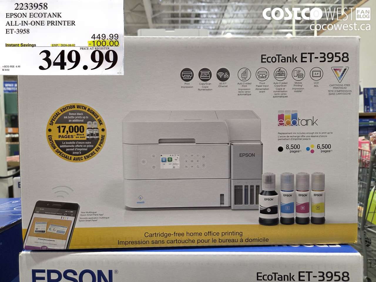 2233958 EPSON ECOTANK ALL-IN-ONE PRINTER ET-3958 ($100.00 INSTANT SAVINGS EXPIRES ON 2026-08-02) $349.99