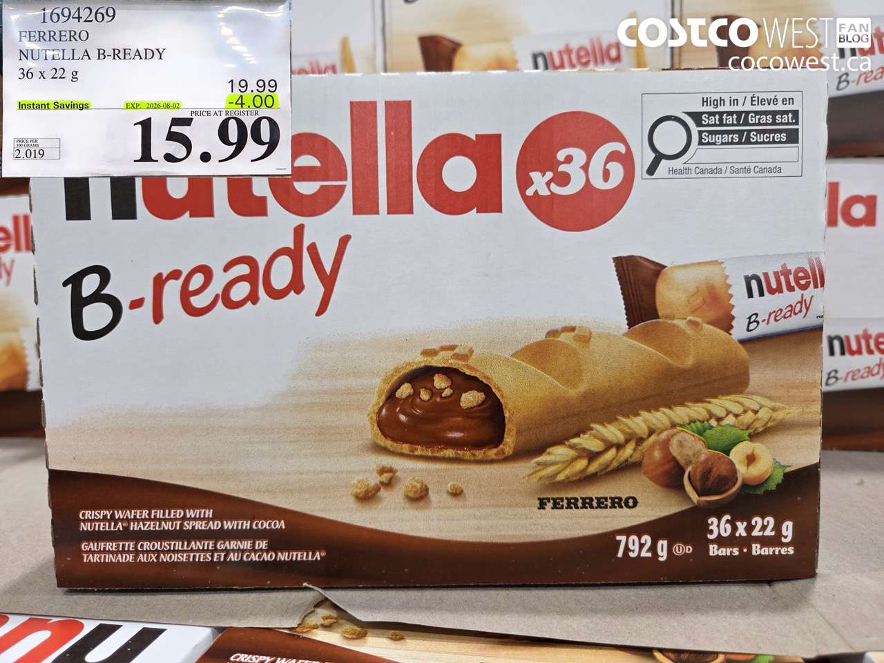 1694269 FERRERO NUTELLA B-READY 36 X 22 G ($4.00 INSTANT SAVINGS EXPIRES ON 2026-08-02) $15.99