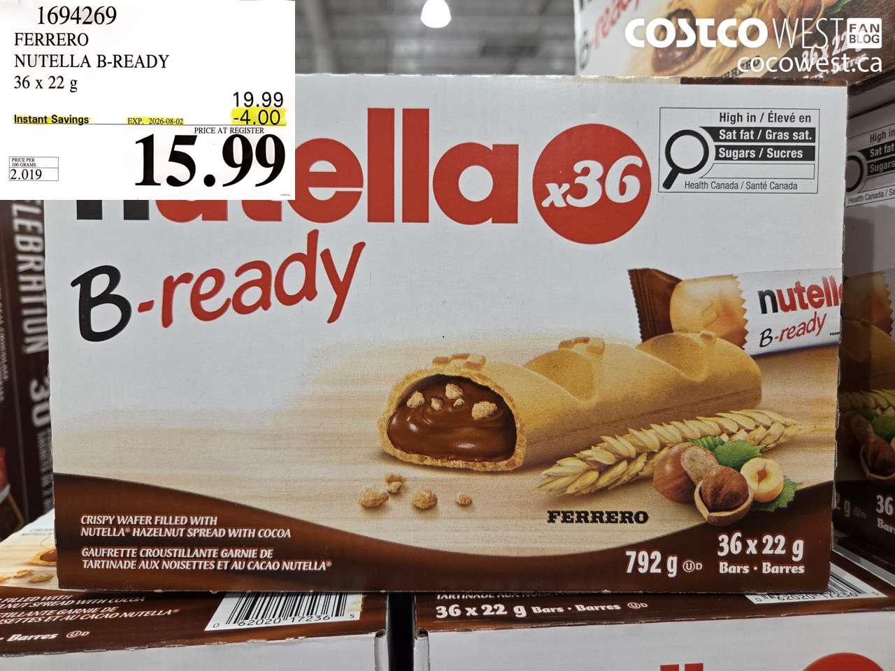 1694269 FERRERO NUTELLA B-READY 36 X 22 G ($4.00 INSTANT SAVINGS EXPIRES ON 2026-08-02) $15.99