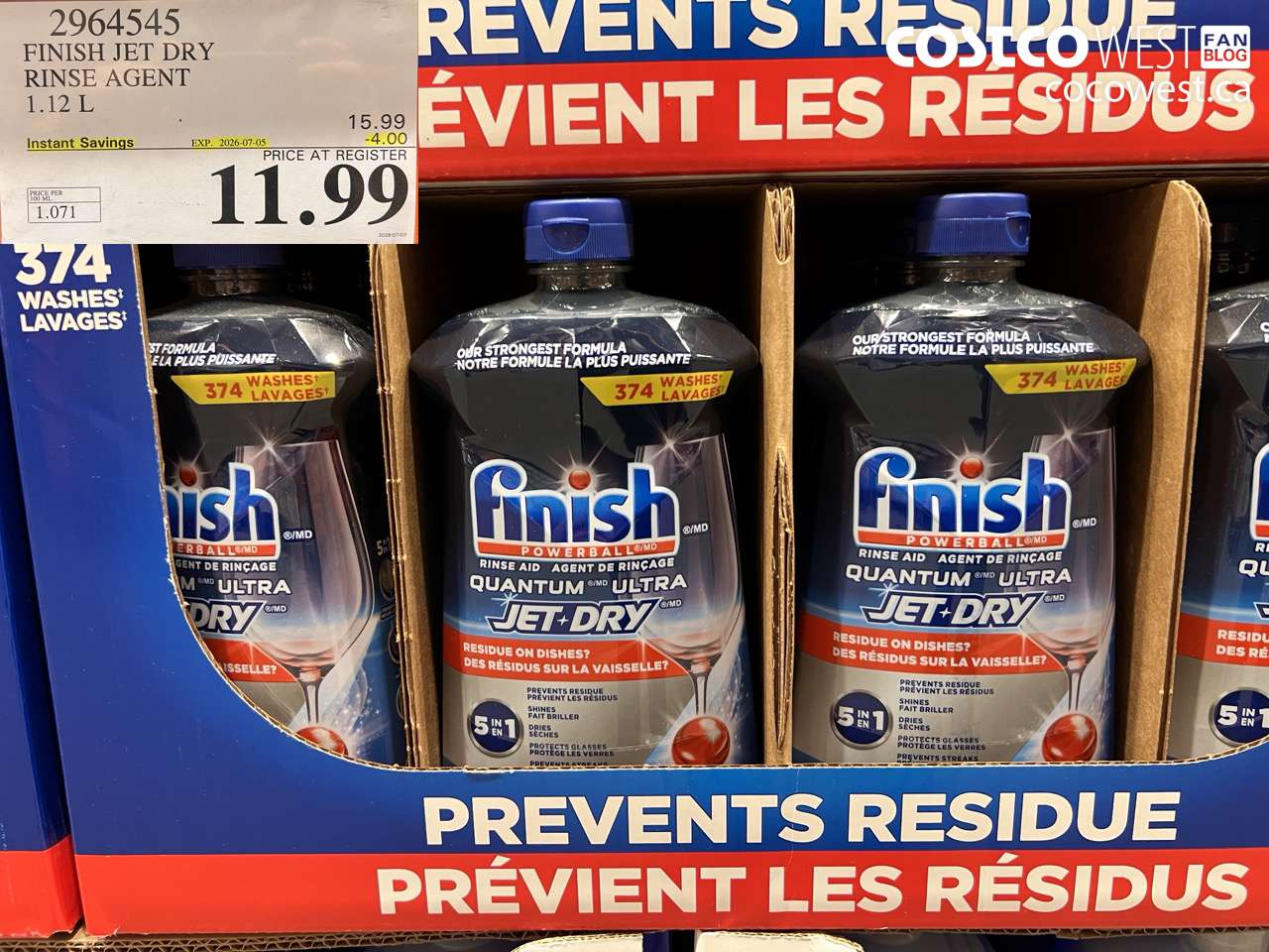 2964545 FINISH JET DRY RINSE AGENT 1.12 L ($4.00 INSTANT SAVINGS EXPIRES ON 2026-07-05) $11.99