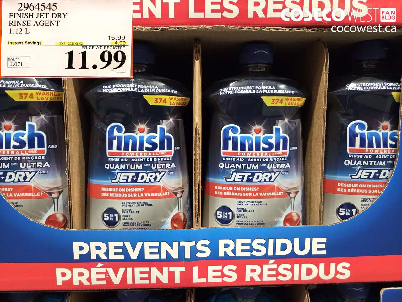 2964545 FINISH JET DRY RINSE AGENT 1.12 L ($4.00 INSTANT SAVINGS EXPIRES ON 2026-08-02) $11.99