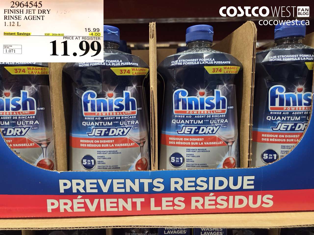 2964545 FINISH JET DRY RINSE AGENT 1.12 L ($4.00 INSTANT SAVINGS EXPIRES ON 2026-08-02) $11.99