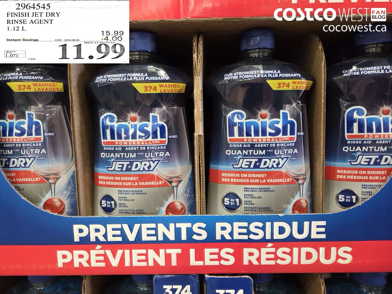 2964545 FINISH JET DRY RINSE AGENT 1.12 L ($4.00 INSTANT SAVINGS EXPIRES ON 2026-08-02) $11.99