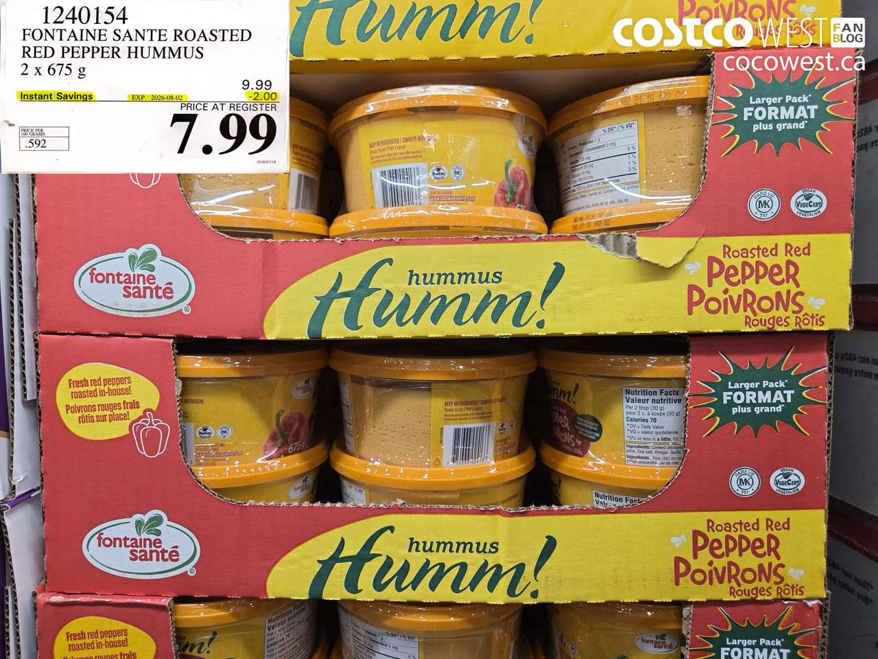 1240154 FONTAINE SANTE ROASTED RED PEPPER HUMMUS 2 X 675 G ($2.00 INSTANT SAVINGS EXPIRES ON 2026-08-02) $7.99