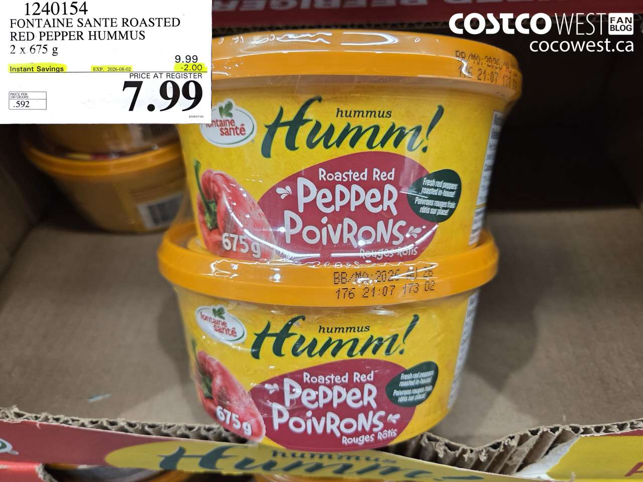 1240154 FONTAINE SANTE ROASTED RED PEPPER HUMMUS 2 X 675 G ($2.00 INSTANT SAVINGS EXPIRES ON 2026-08-02) $7.99