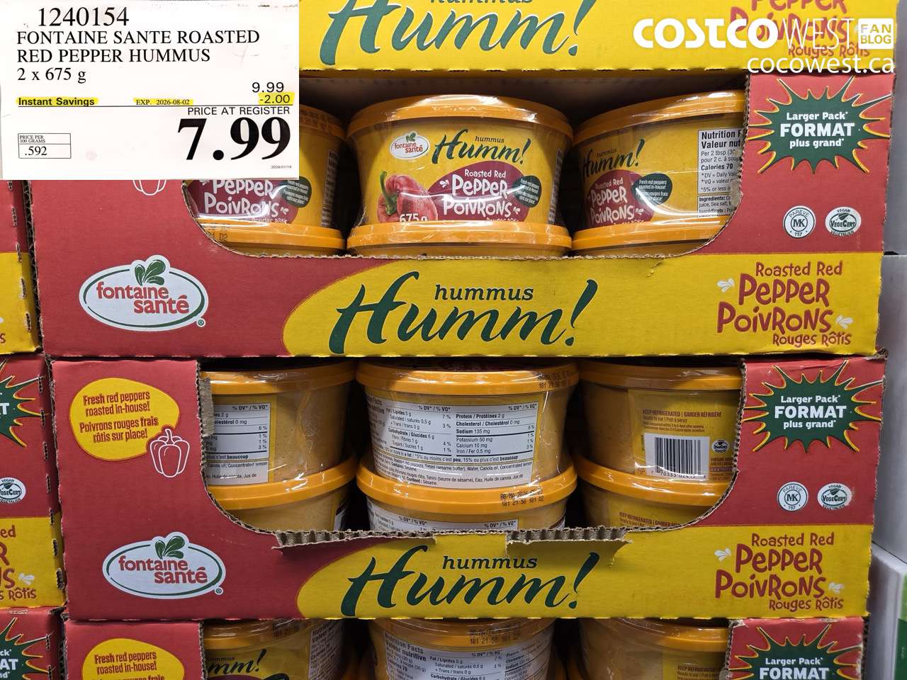 1240154 FONTAINE SANTE ROASTED RED PEPPER HUMMUS 2 X 675 G ($2.00 INSTANT SAVINGS EXPIRES ON 2026-08-02) $7.99