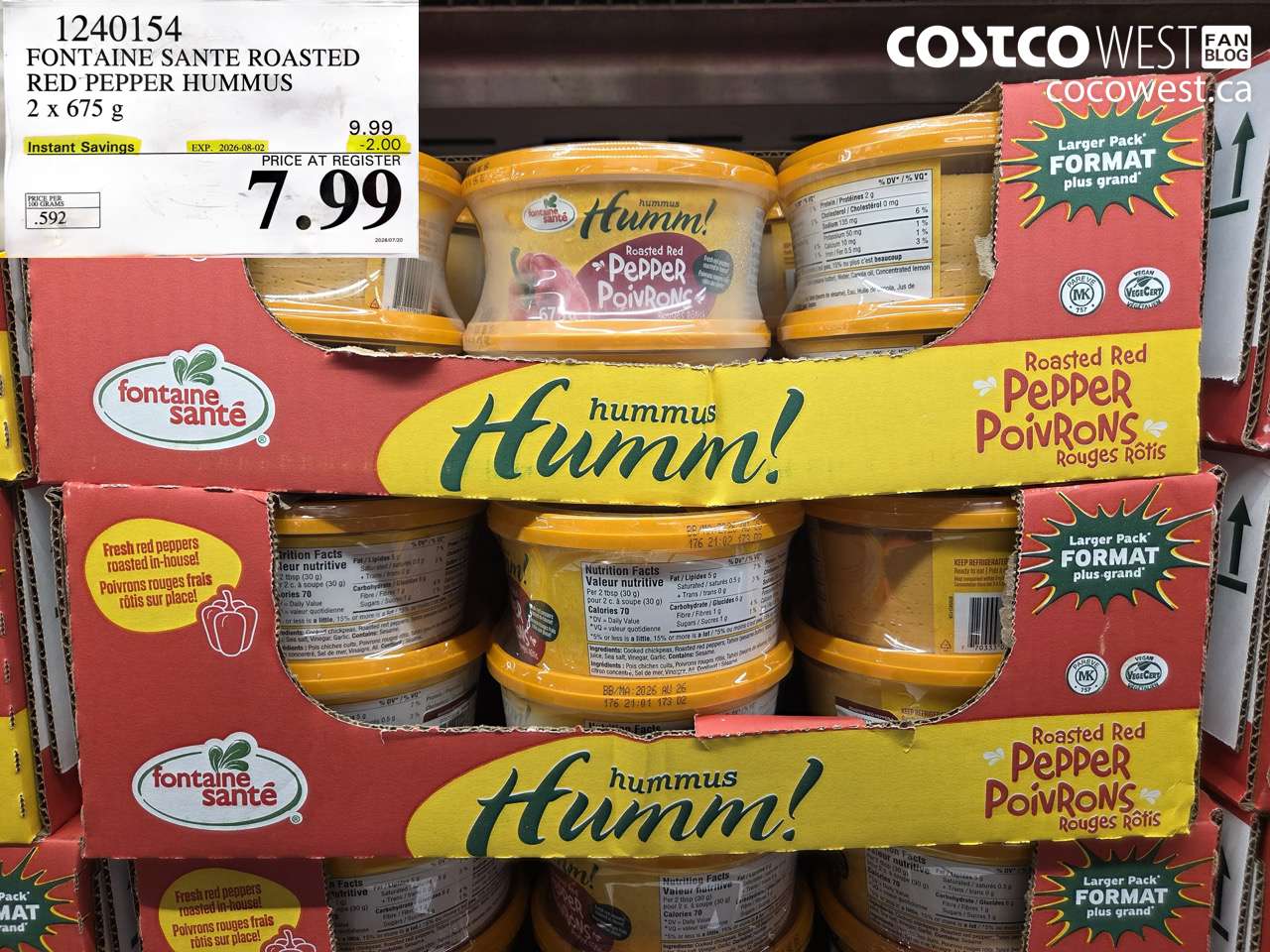 1240154 FONTAINE SANTE ROASTED RED PEPPER HUMMUS 2 X 675 G ($2.00 INSTANT SAVINGS EXPIRES ON 2026-08-02) $7.99