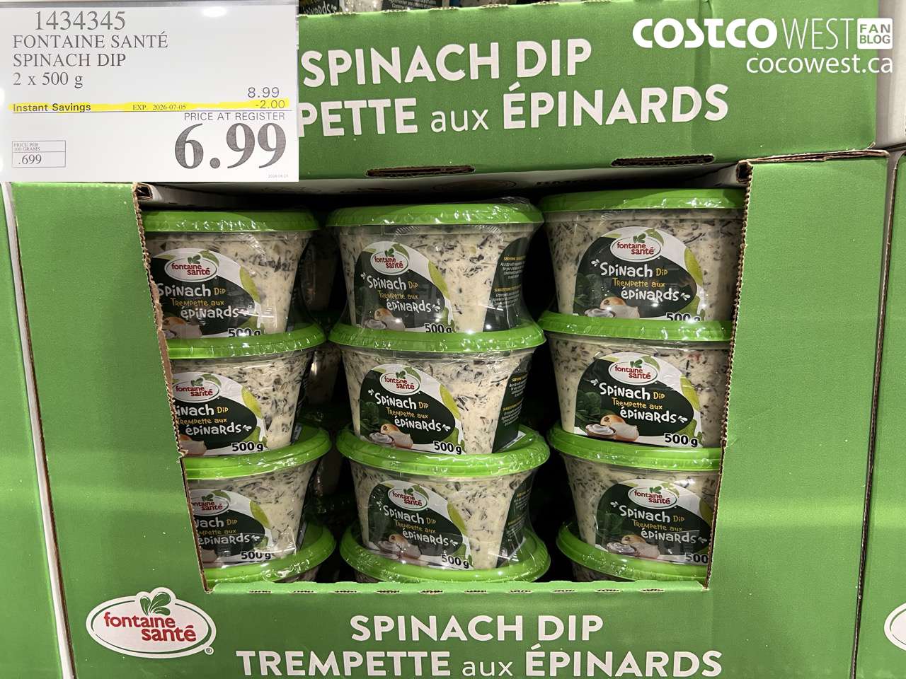 1434345 FONTAINE SANTÉ SPINACH DIP 2 X 500 G ($2.00 INSTANT SAVINGS EXPIRES ON 2026-07-05) $6.99