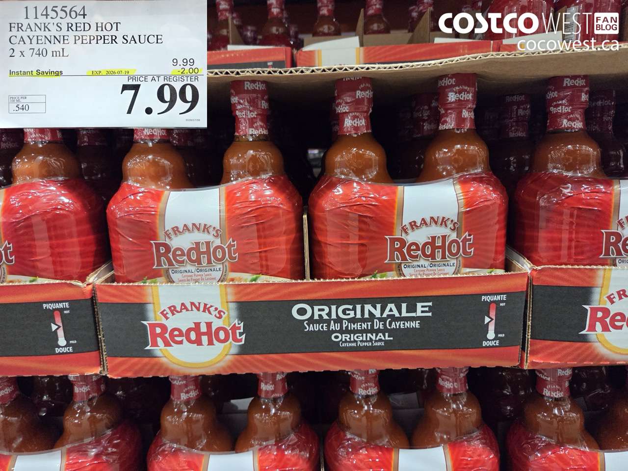 1145564 FRANK'S RED HOT CAYENNE PEPPER SAUCE 2 X 740 ML ($2.00 INSTANT SAVINGS EXPIRES ON 2026-07-19) $7.99