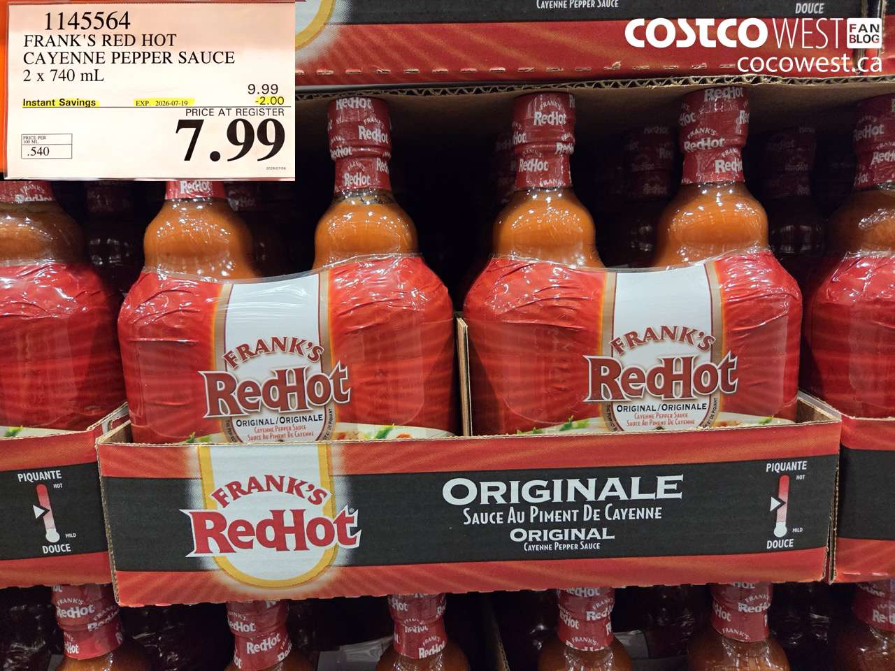 1145564 FRANK'S RED HOT CAYENNE PEPPER SAUCE 2 X 740 ML ($2.00 INSTANT SAVINGS EXPIRES ON 2026-07-19) $7.99